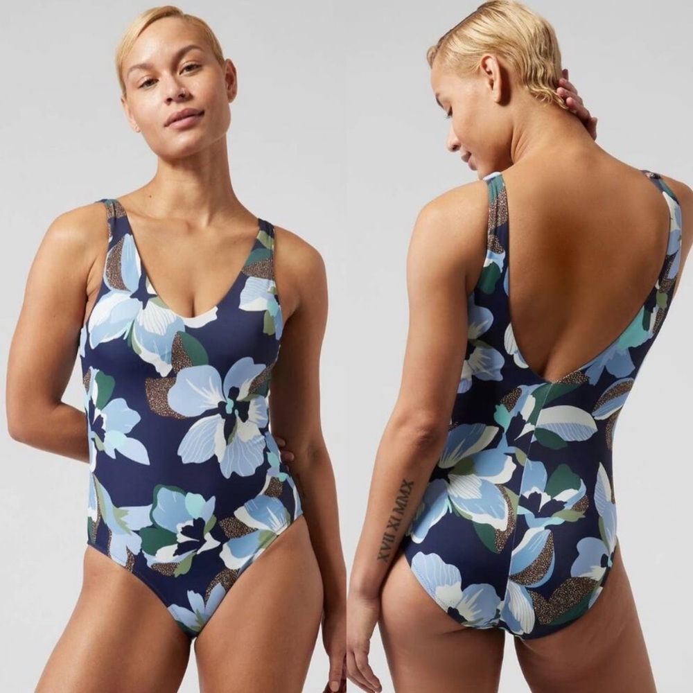 Athleta Seychelles Blue Floral One-Piece Swimsuit.